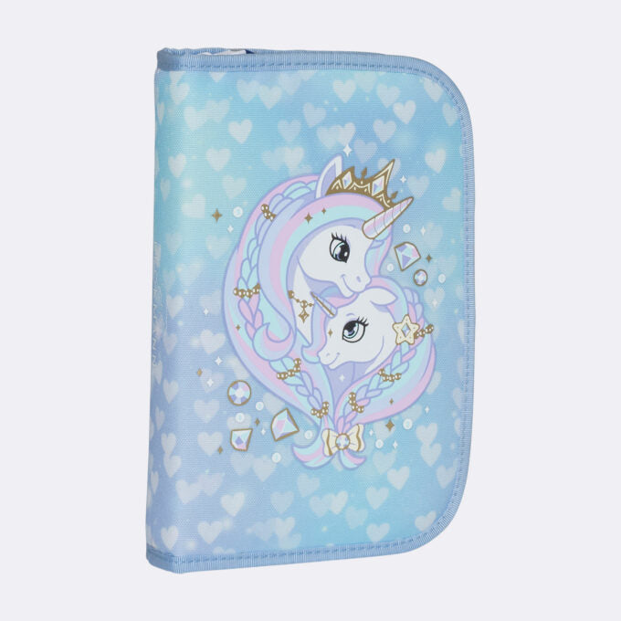Single section pencil case with content, Unicorn Princess Ice Blue