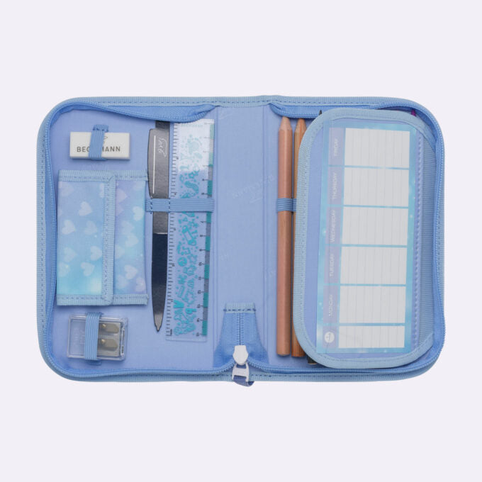 Single section pencil case with content, Unicorn Princess Ice Blue