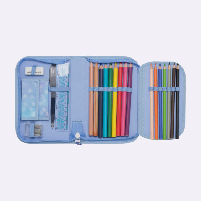 Single section pencil case with content, Unicorn Princess Ice Blue