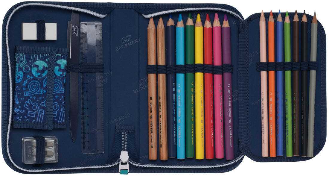 Three section pencil case with content, Black - Beckmann Norway